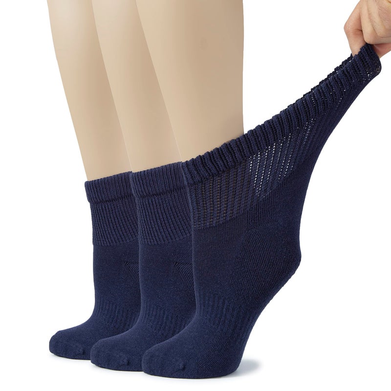 Hugh Ugoli Women's Cotton Diabetic Ankle Socks, Wide, Loose & Stretchy, Seamless Toe & Non Binding Top, Semi Cushion, 3 Pairs, Navy Blue, Shoe Size: 9-12 - Image 1